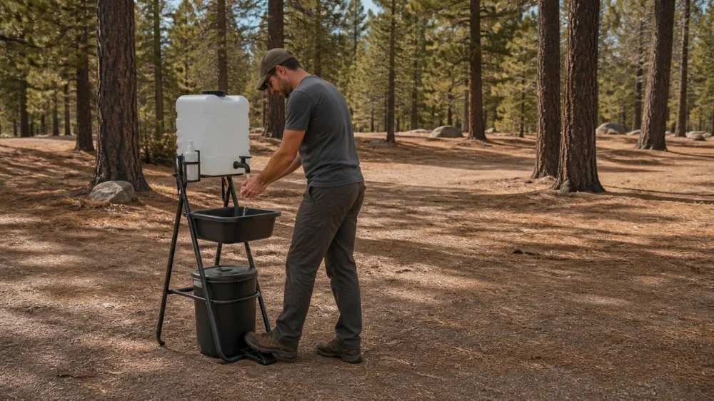Campsite Handwashing Station: Water, Soap, and Drainage