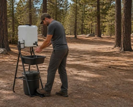 Campsite Handwashing Station: Water, Soap, and Drainage