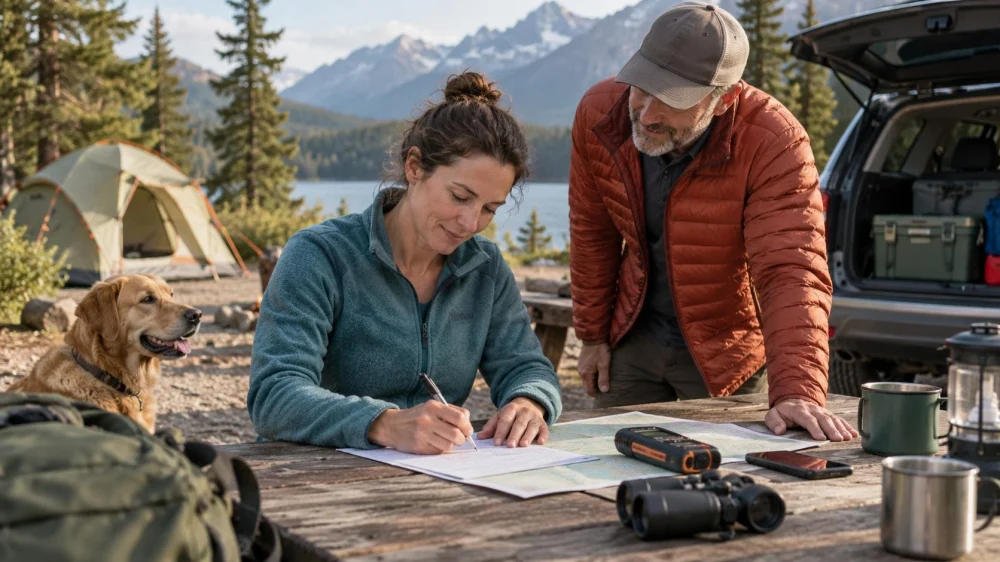 Camping Emergency Contact Card: Route, Vehicle, and Return