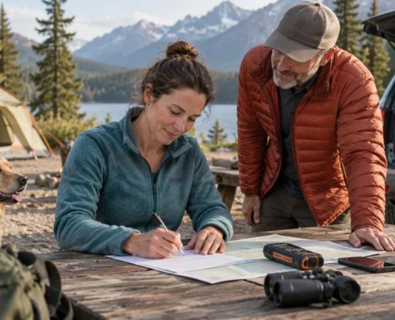 Camping Emergency Contact Card: Route, Vehicle, and Return